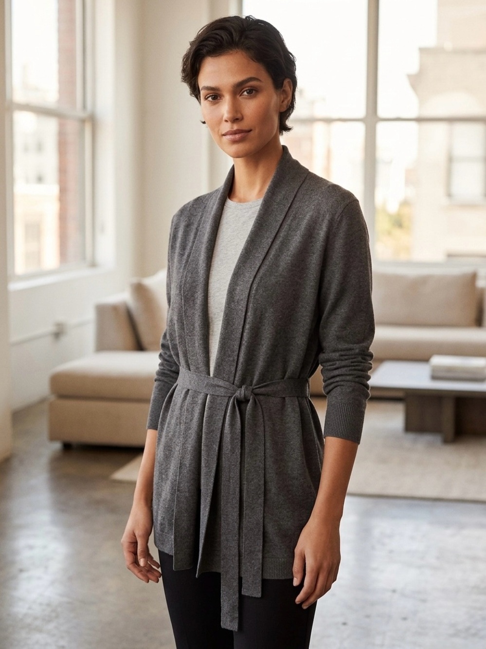Lauren Ralph Lauren Grey Belted Cardigan Sweater Size Large Quiet Luxury Fall